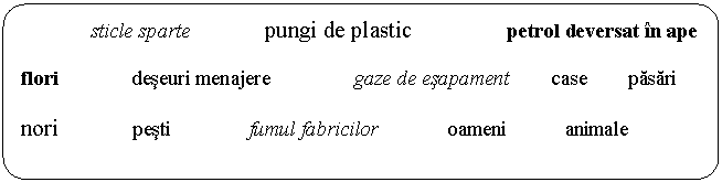 Flowchart: Alternate Process: sticle sparte pungi de plastic petrol deversat in ape

flori deseuri menajere gaze de esapament case pasari

nori pesti fumul fabricilor oameni animale 
