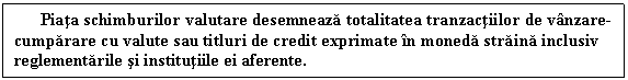 Text Box: Piata schimburilor valutare desemneaza totalitatea tranzactiilor de vanzare-cumparare cu valute sau titluri de credit exprimate in moneda straina inclusiv reglementarile si institutiile ei aferente.