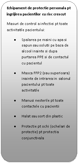 Flowchart: Alternate Process: Echipament de protectie personala pt ingrijirea pacientilor cu risc crescut
Masuri de control a infectiei pt toate activitatile pacientului:
.	Spalarea pe maini cu apa si sapun sau solutii pe baza de alcool inainte si dupa purtarea PPE si de contactul cu pacientul
.	Masca FFP2 (sau superioara) inainte de intrarea in  salonul pacientului pt toate activitatile
.	Manusi nesterile pt toate contactele cu pacientii
.	Halat sau sort din plastic
.	Protectie pt ochi (ochelari de protectie) pt protectia conjunctivala

